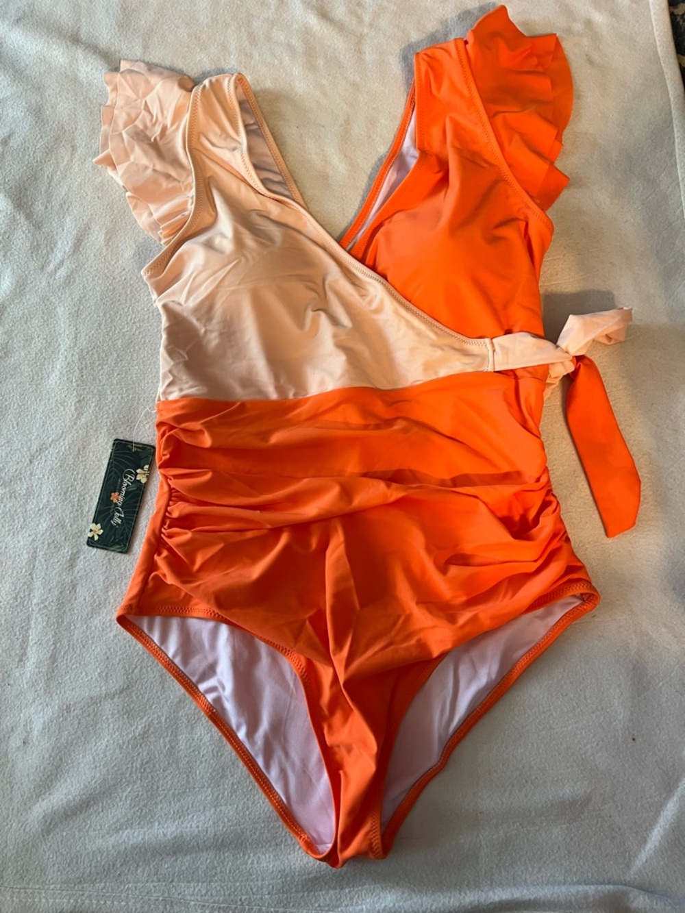 Ruffled  flutter sleeve Colorblock One-Piece Swimsuit - Peach & Orange brand new